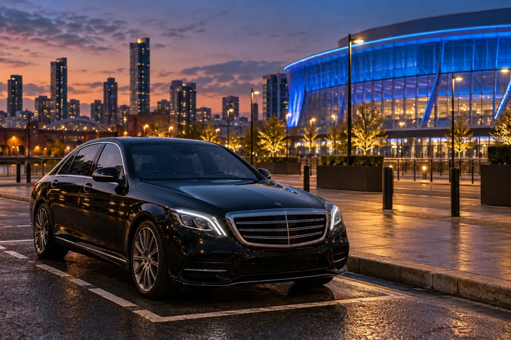 Illustrative executive saloon outside a contemporary arena at dusk for a Co-op Live chauffeur planning guide