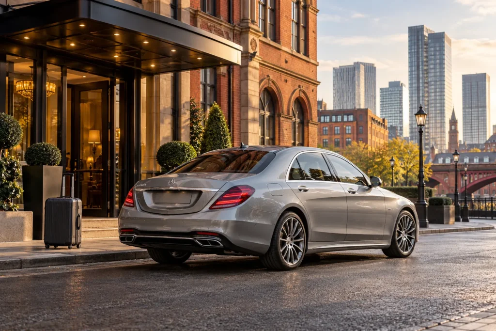 Illustrative silver Mercedes-Benz S-Class outside a Manchester hotel with city skyline