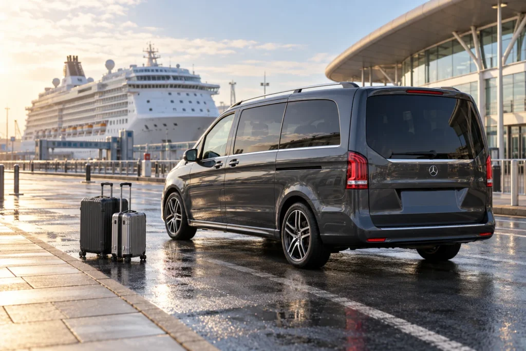 Illustrative Mercedes-Benz V-Class with suitcases at a Southampton cruise terminal