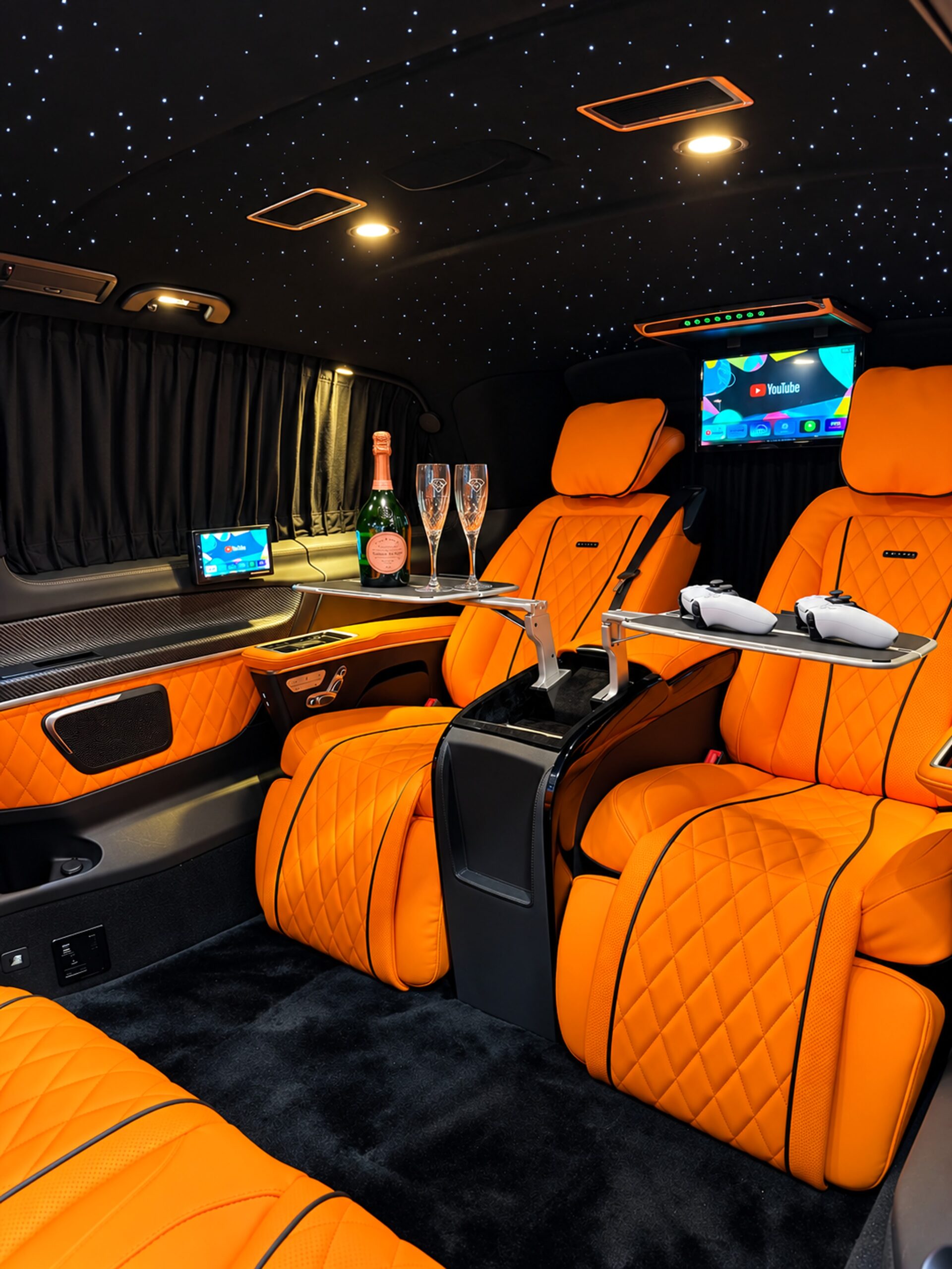 Luxury Mercedes-Benz V-Class interior with orange leather seats, starlight roof and entertainment screen