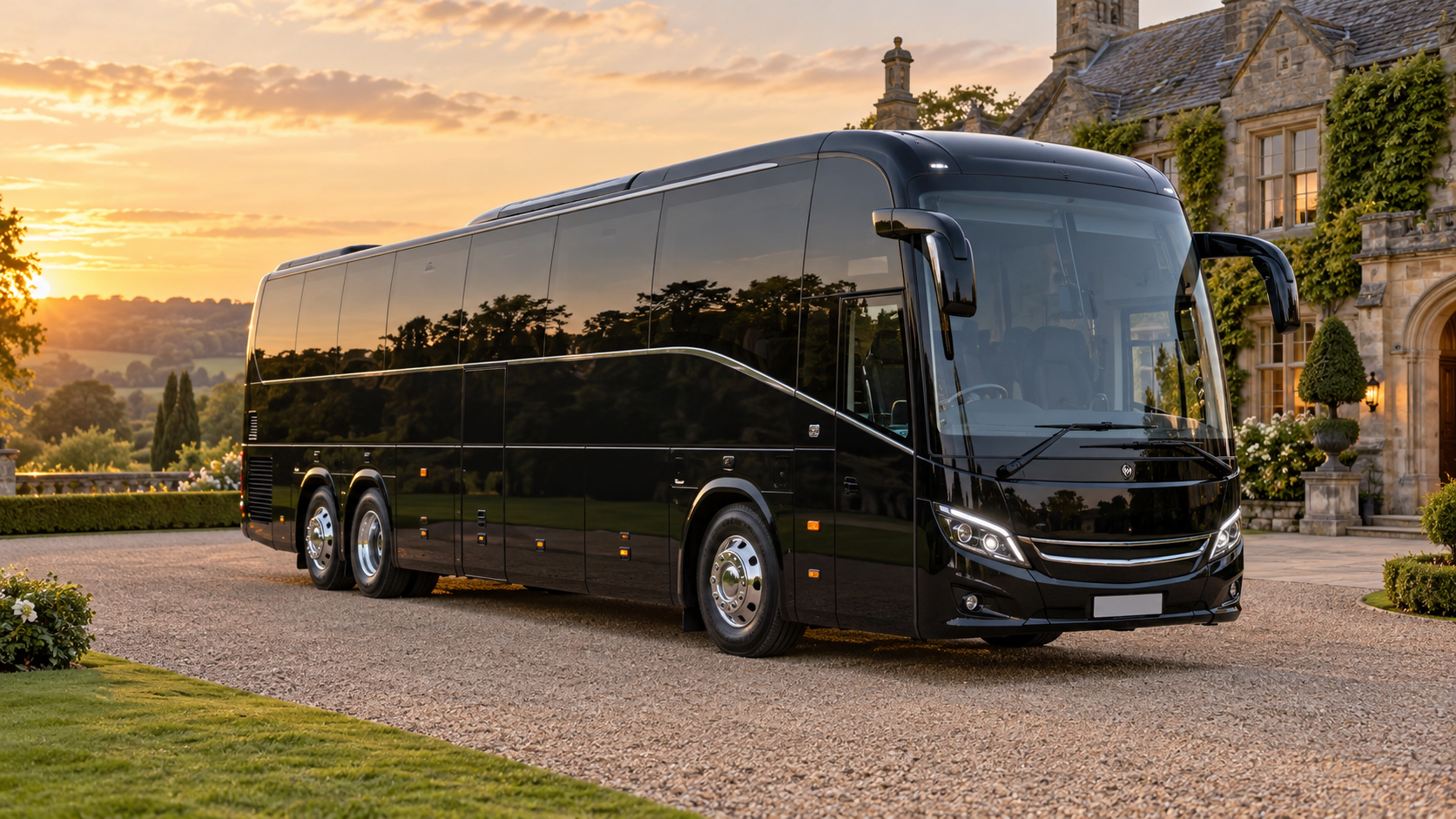 Illustrative black luxury touring coach at a country wedding venue