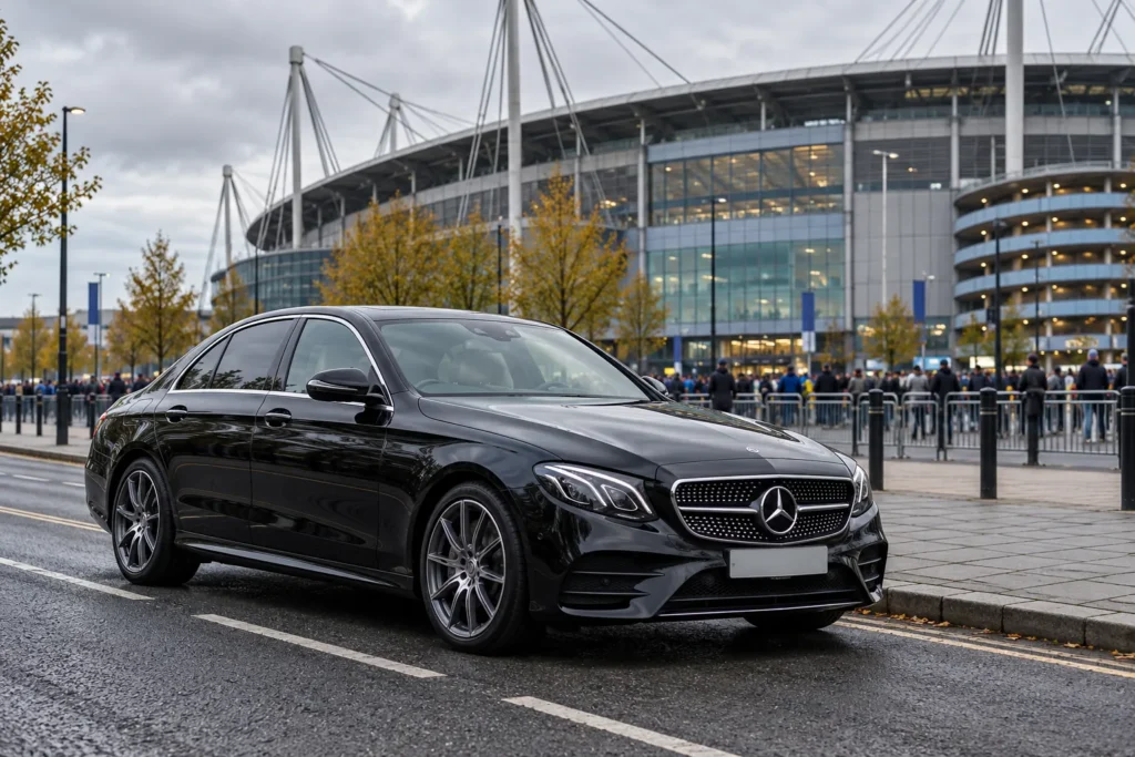 Manchester matchday chauffeur illustration: black Mercedes-Benz saloon near a football stadium