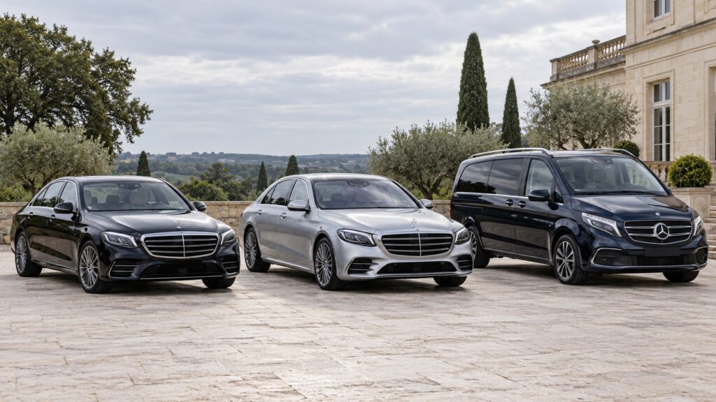 Choosing a chauffeur car: illustrative Mercedes-Benz saloons and a V-Class MPV