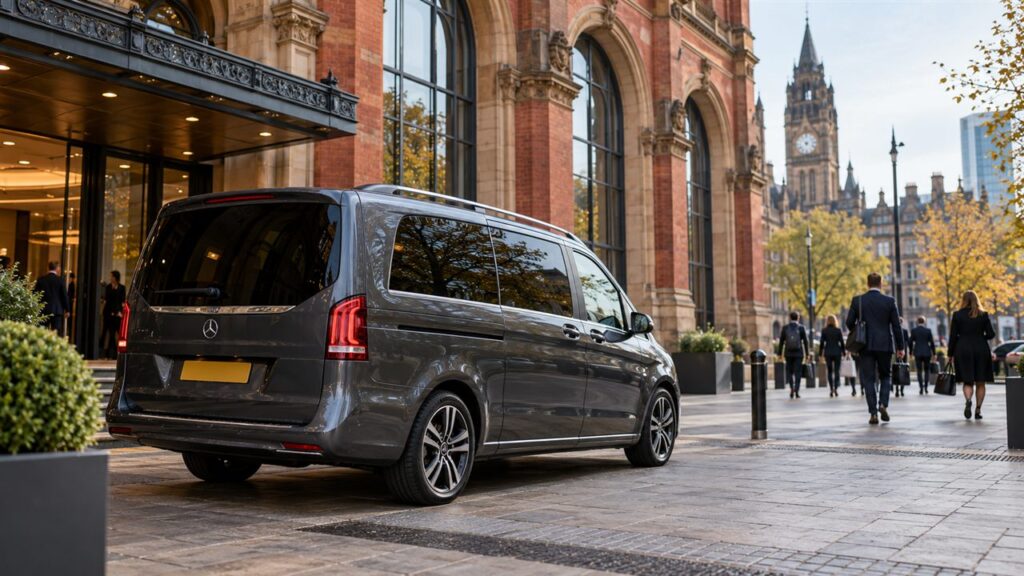 Manchester conference transport: illustrative Mercedes-Benz V-Class beside a city event building
