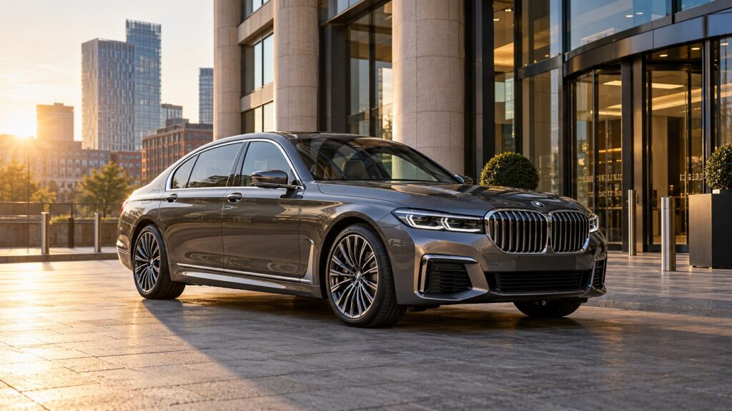 Manchester corporate chauffeur: illustrative BMW executive saloon outside a modern office