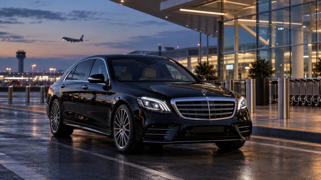 Heathrow chauffeur quotes: illustrative black Mercedes-Benz S-Class at an airport terminal