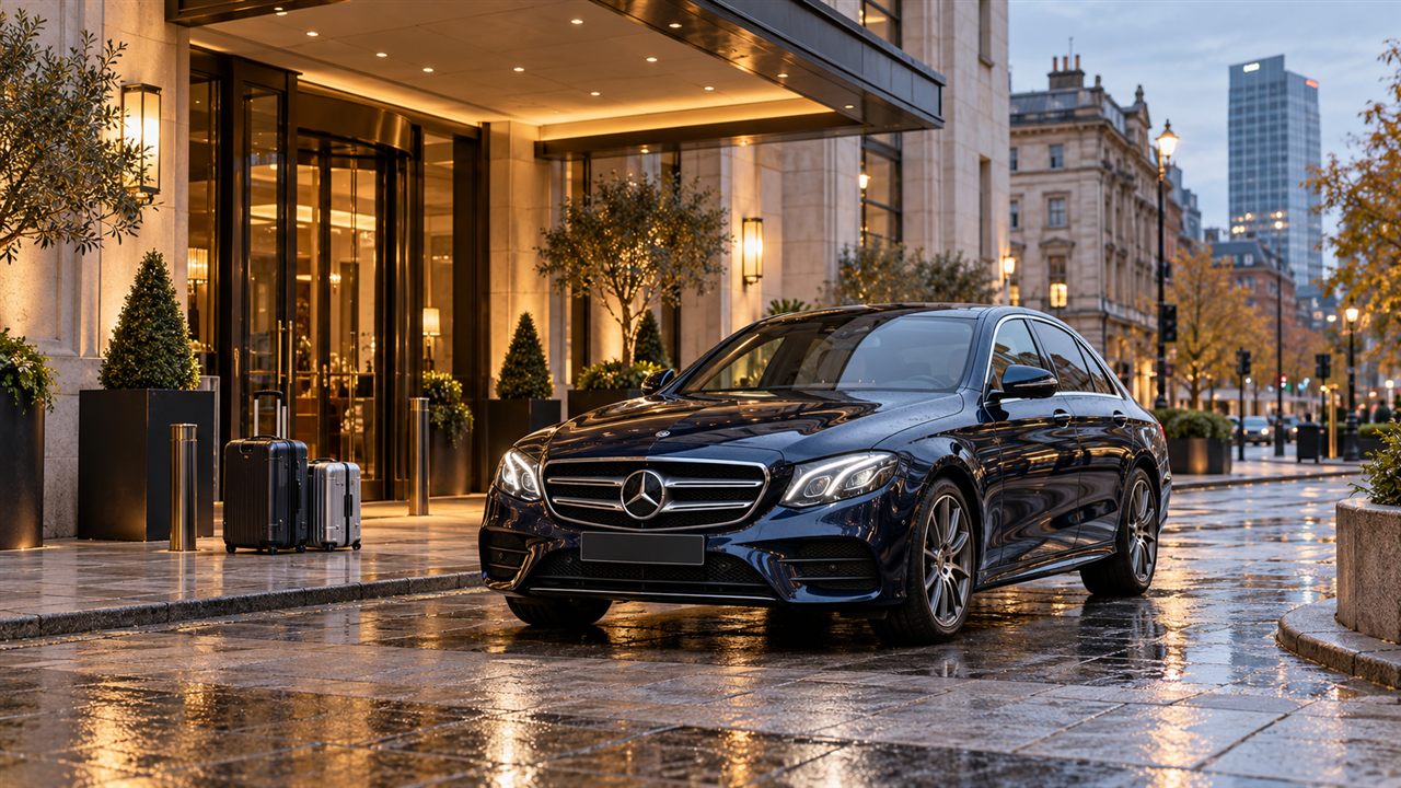 Mercedes executive car outside a Manchester hotel for a corporate chauffeur journey