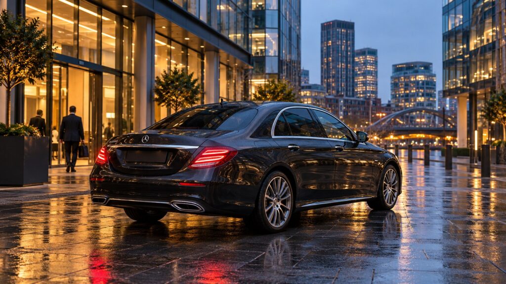 Hourly chauffeur hire Manchester: illustrative executive saloon in a city business district
