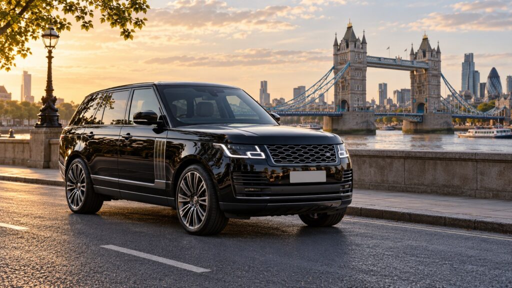 London airport transfers: illustrative black luxury SUV with Tower Bridge in the background