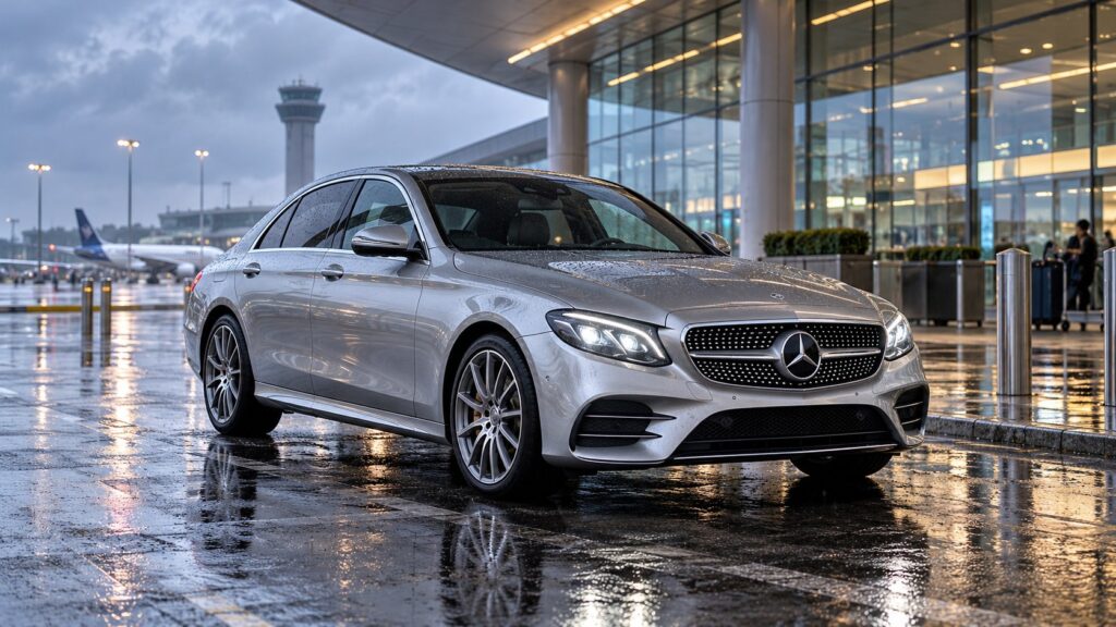 Manchester Airport transfers guide: illustrative silver executive saloon at an airport terminal
