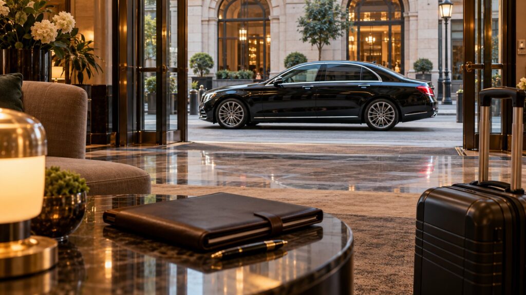 Manchester chauffeur quote: illustrative travel-planning folio with an executive car outside a hotel