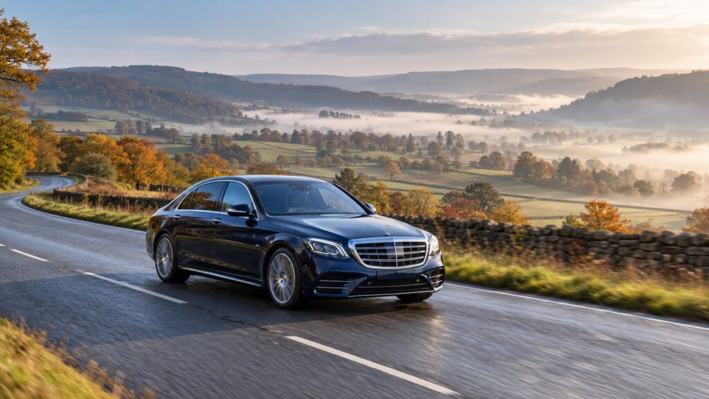 Manchester to London chauffeur: illustrative Mercedes-Benz S-Class on a British countryside road