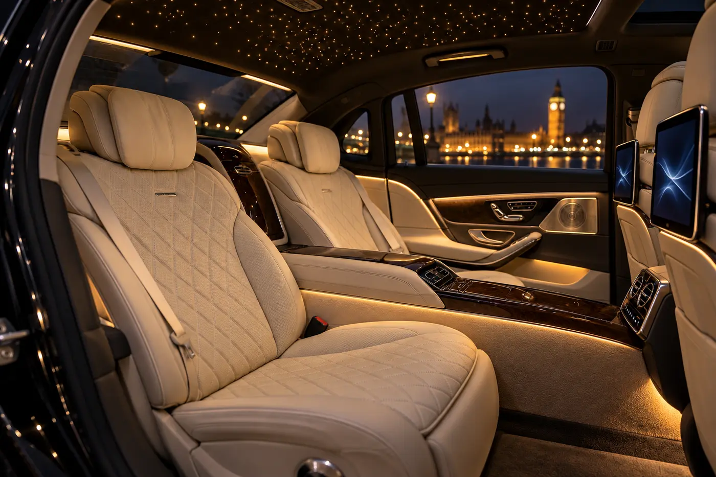AI illustration of a cream S-Class-style cabin at night with starlight roof and two rear entertainment screens