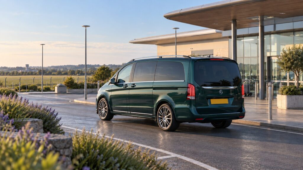 Southampton Airport transfers: illustrative green Mercedes-Benz V-Class at an inland regional airport
