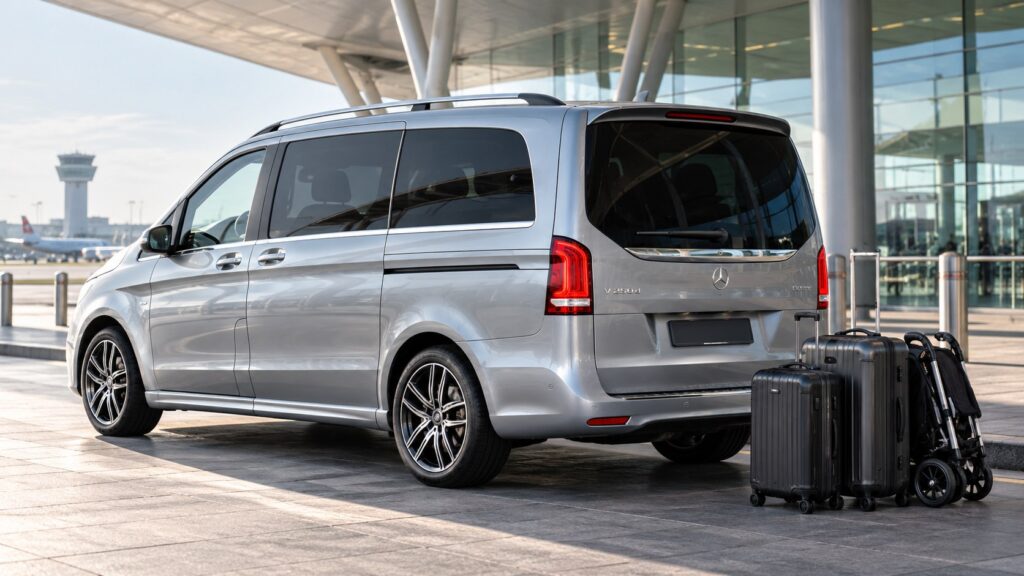 V-Class Manchester Airport: illustrative silver Mercedes-Benz V-Class with suitcases and a folded pushchair