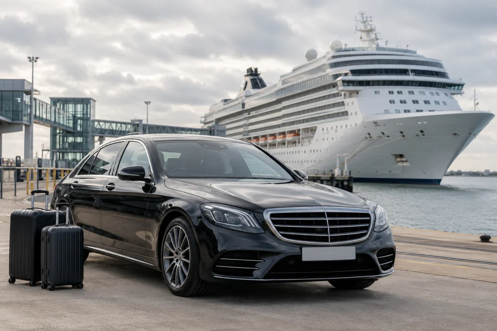 Illustrative black executive car with luggage beside a cruise ship