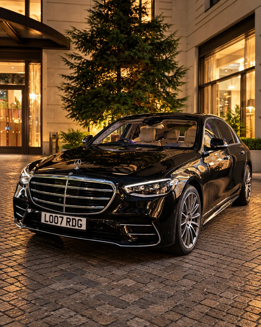 Black Mercedes-Benz S-Class outside an illuminated hotel, ready for wedding chauffeur travel