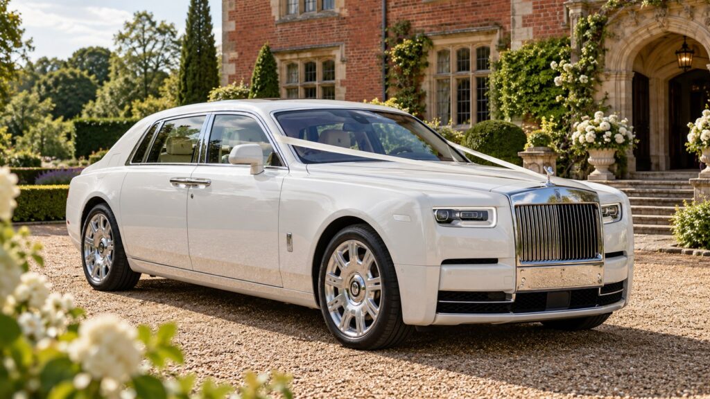 Wedding chauffeur Manchester: illustrative white Rolls-Royce outside an English country wedding venue