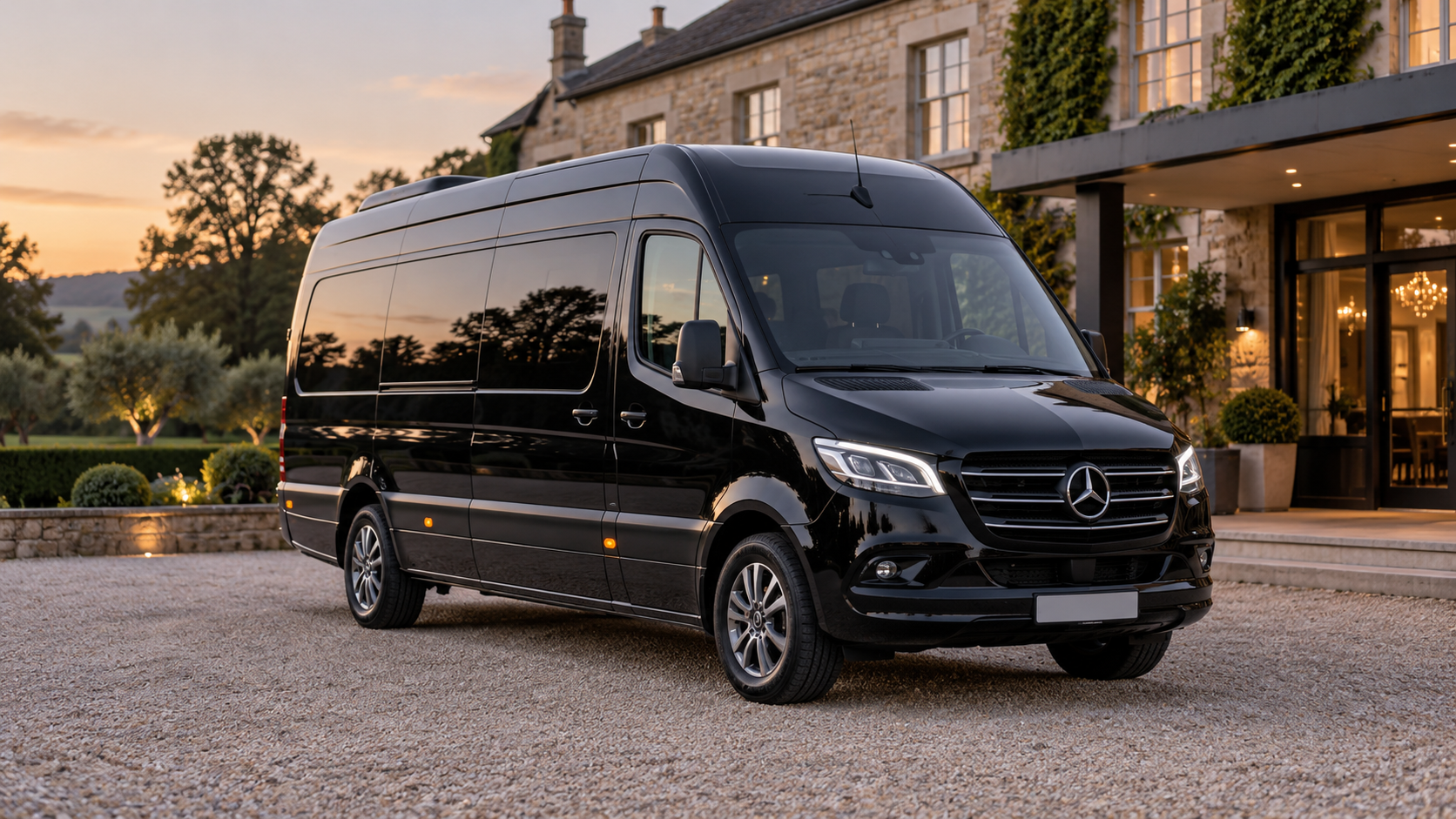 Illustrative black Sprinter passenger minibus outside a country hotel