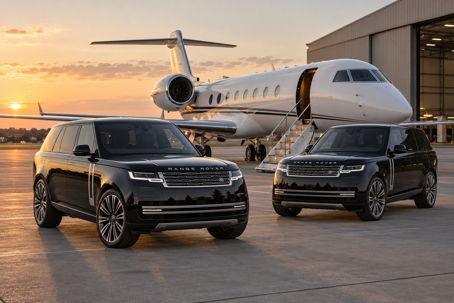 Illustrative private jet with two black Range Rover Autobiography SUVs